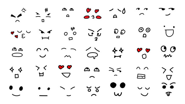 Emotions. Set of doodle faces. Smile Doodle cartoon face in childlike manga cartoon style