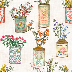 A seamless repeat pattern tile features the vintage style tin cans reused as the vases filled with flowers.