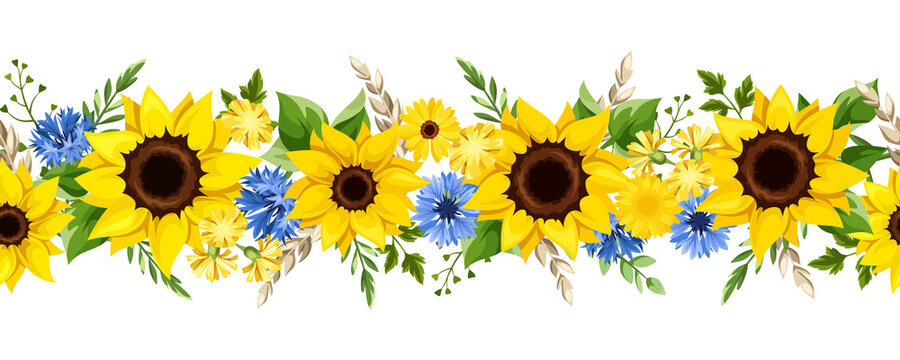Horizontal seamless border with blue and yellow sunflowers, dandelion flowers, gerbera flowers, cornflowers, ears of wheat, and green leaves. Vector illustration