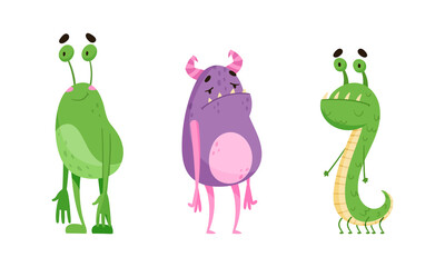 Funny baby monsters. Cute cheerful monster or alien cartoon characters vector illustration