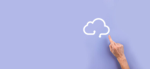 Business woman holding icon cloud computing network and icon connection data information in hand. Cloud computing and technology concept.