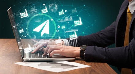 Business hand working on laptop, successful business concept