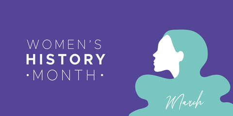 Women's History Month. March. Woman portrait. Violet color. Recognition of women's achievements. Horizontal format. Vector illustration, flat design
