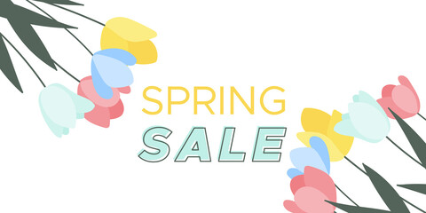 Spring sale. Text and tulips. Pastel colors. Hand drawn style. Floral spring inspiration. Vector illustration, flat design