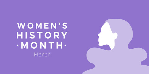 Women's History Month. March. Woman portrait. Violet color. Recognition of women's achievements. Horizontal format. Vector illustration, flat design