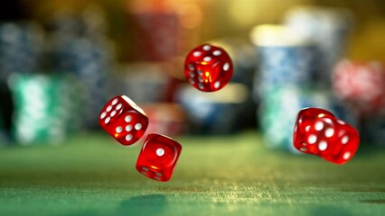 Super slow motion of rolling gaming dices on poker table. Filmed on high speed cinema camera, 1000fps. - Powered by Adobe