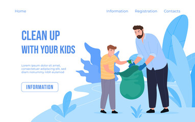 Garbage collecting parents and children cleanup together landing page vector flat illustration