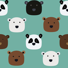 Pattern with different kinds of bear faces on a grey and blue background