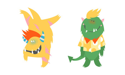 Cute monsters in different actions set. Funny joyful toothy monster characters cartoon vector illustration