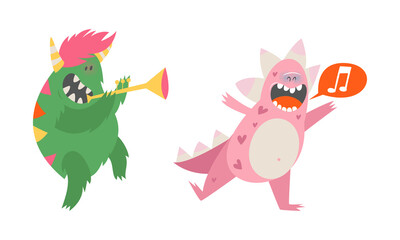 Cute monsters in different actions set. Funny toothy monster characters playing trumpet and singing cartoon vector illustration