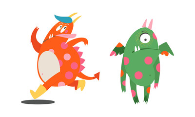 Cute monsters in different actions set. Funny colorful toothy monster characters cartoon vector illustration