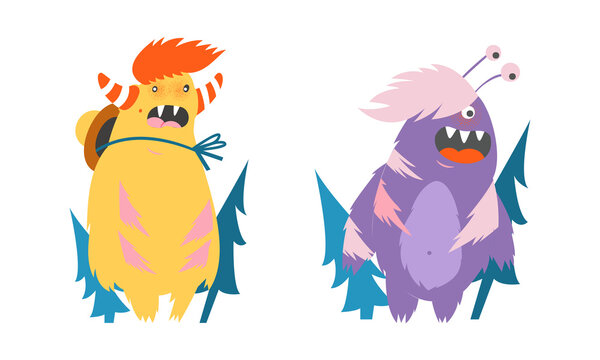 Cute monsters in different actions set. Funny toothy monster characters expressing emotions cartoon vector illustration