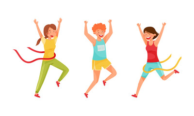 Running people set. Athletes crossing finish line cartoon vector illustration