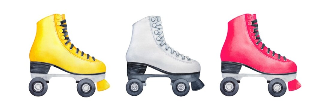 Watercolour illustration set of retro roller skates in various bright colors. Hand painted sketch on white background, isolated clip art for design, sticker, fun patch, label, poster, t-shirt print.