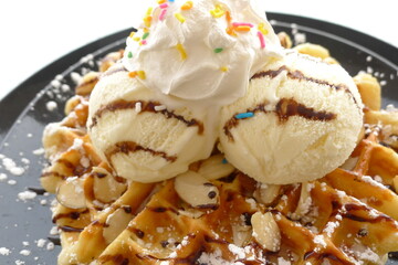 Waffle with ice cream on it