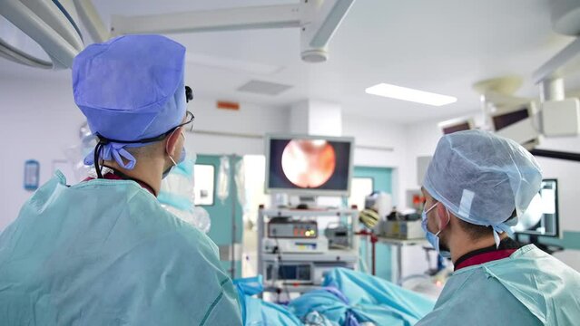 Surgeon standing their backs to the camera and looking at the screen. Monitor showing operational process in blur at backdrop.