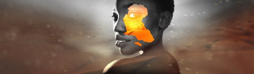 Longing for Africa. an africa symbol image on the beautiful african young woman. Vogue style close-up portrait of beautiful african girl - panorama