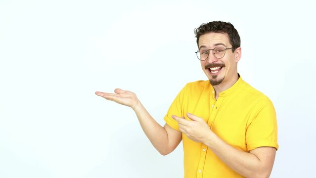 Man extending hands to the side and inviting to come over isolated background