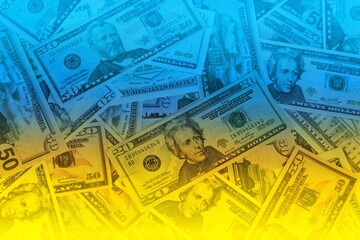 The currecity dollar is tinted in the color of the Ukrainian flag. The concept of financial