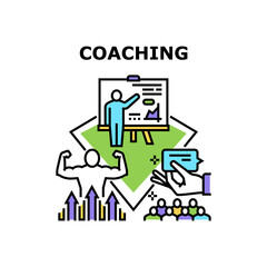 Fototapeta na wymiar Coaching Consulting Vector Icon Concept. Coaching Consulting And Explaining Goal Achievement And Motivation Colleagues, Presentation In Meeting Room. Audience Coach Color Illustration