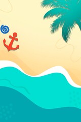 Fototapeta na wymiar Beach sea background with anchor, seashell, leaves, concept framework, drink, artwork, splash, wallpaper, card, summer, sea ​​view