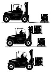 Silhouette of a heavy forklift truck. Side view with driver and load. Vector.
