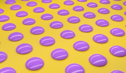 Colourful purple paint drops on a orange background. 3D render illustration
