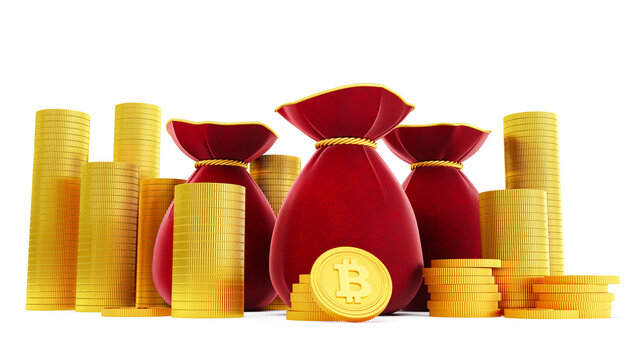 3d render of red Money bag and stacking golds bitcoin, bitcoin  coins