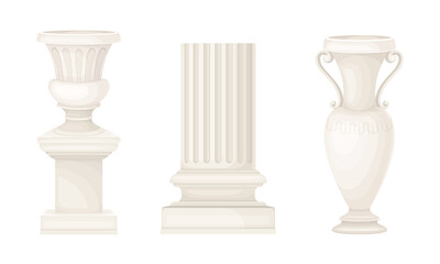 Classical architectural column and vases set. Classic antique decor element vector illustration