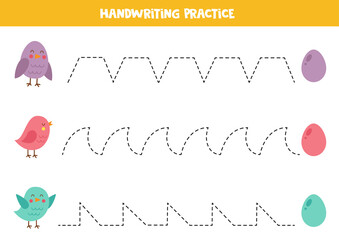 Tracing lines for kids. Cute birds and eggs. Writing practice.