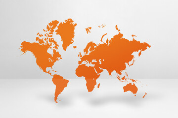 Orange world map on white wall background. 3D illustration