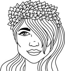 Doodle girl with leaves in her hair. Womens portrait for adult coloring book. Vector illustration.