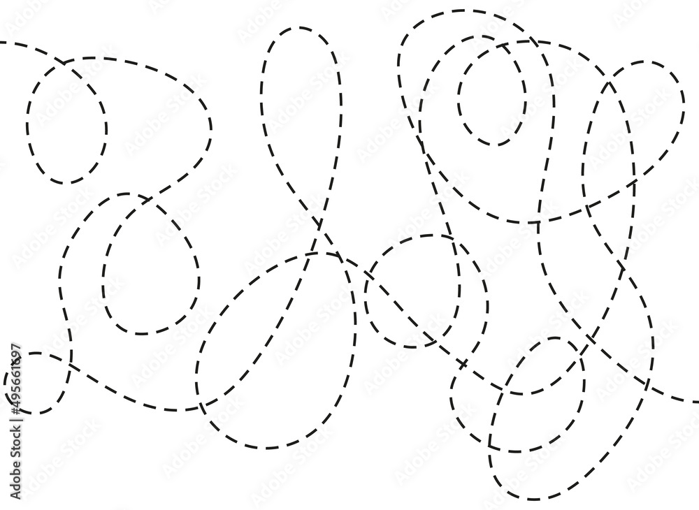 Poster Dotted lines. Pattern of doodle curve lines. Puzzle with start and finish. Dash texture. Dotted abstract background. Vector