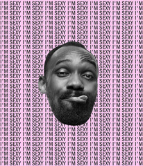 Creative design, African man sticking out tongue, making funny faces isolated over pink background with lettering