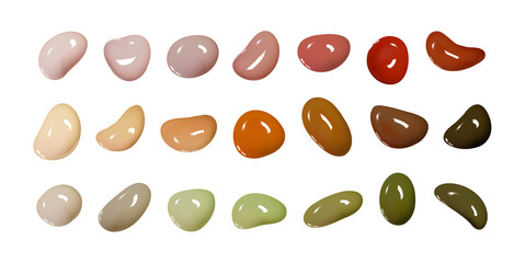 Realistic vector 3D shapes isolated on white background. Set of glossy multicolored drops of paint or varnish