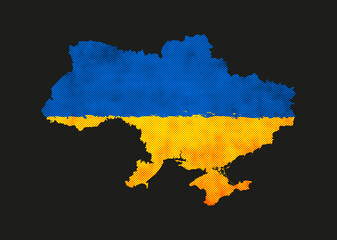 Ukraine Map Vector Grunge Distressed Halftone Texture Style In Yellow Blue Ukrainian National Flag Colours Isolated On Black Background. No War In Ukraine Art Illustration