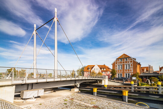 Beautiful view of the Swing bridge on a sunny day in Malchow, Germany