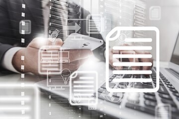 Paperless workplace idea, electronic signature, document management. A businessman signs