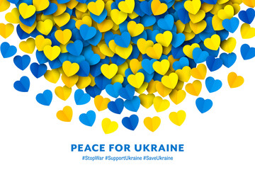 Peace For Ukraine Vector Scattered Yellow Blue Paper Hearts Semi Circle Border Isolated On White Background. Stop War And Save Ukraine Illustration. Ukrainian National Flag Colours Abstract Wallpaper