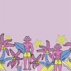 Frog head, Frog man, Surfing, Coconut tree, Sea fish, Cool drinks, Volleyball. The seamless vector pattern design. Purple background.