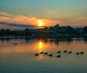 Petersfield lake, Hampshire UK taken at sunset on a calm evening in summer