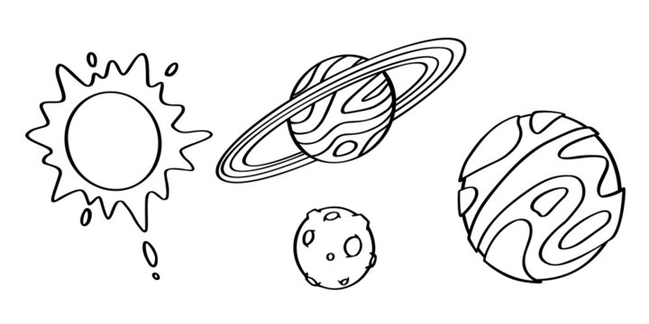 Set of planets isolated on white background. Outline astronomical objects collection. Hand drawn style.Vector illustration EPS10