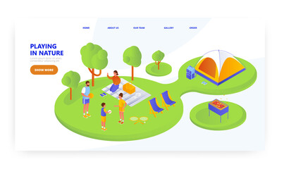 Family on picnic in nature, landing page design, website banner vector template. Father, mother and kids playing ball.