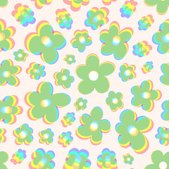 Color deviation flower power seamless repeat pattern. Random placed, vector retro floral all over print on white background.