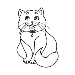 Funny sleepy cat. British cat. Illustration for a coloring book. Print for children's clothing, notebooks, notebooks, textiles, stickers. Black and white vector illustration. Isolated