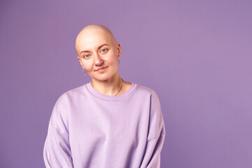 Young woman suffering from cancer laugh smile feel positive about future recovery. Millennial...