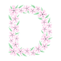 Floral botanical alphabet. Vintage hand drawn letter D. Letter with plants and flowers. Vector lettering isolated on white