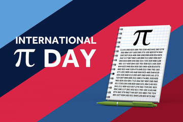 International Pi Day Concept. Notepad Squared Paper Sheet with Pi Symbol, Green Pen and International Pi Day Sign. 3d Rendering