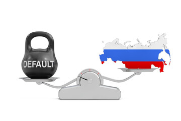  Black Iron Kettlebell with Default Sign and Russian Flag Maps Balancing on a Simple Weighting Scale. 3d Rendering