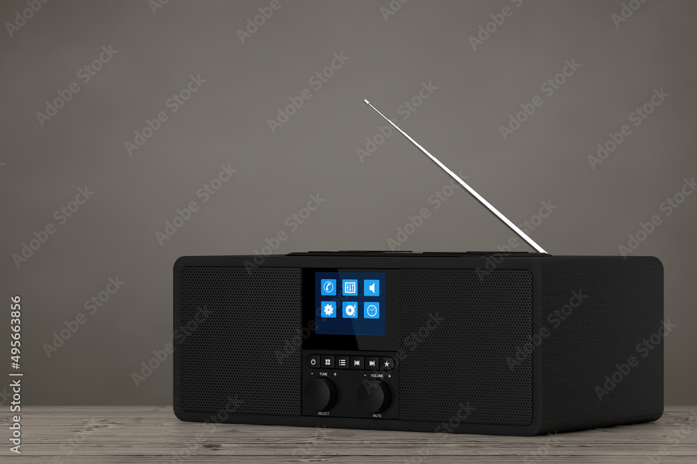 Poster black portable smart wireless speaker for music. smart device for online audio with radio and smartp